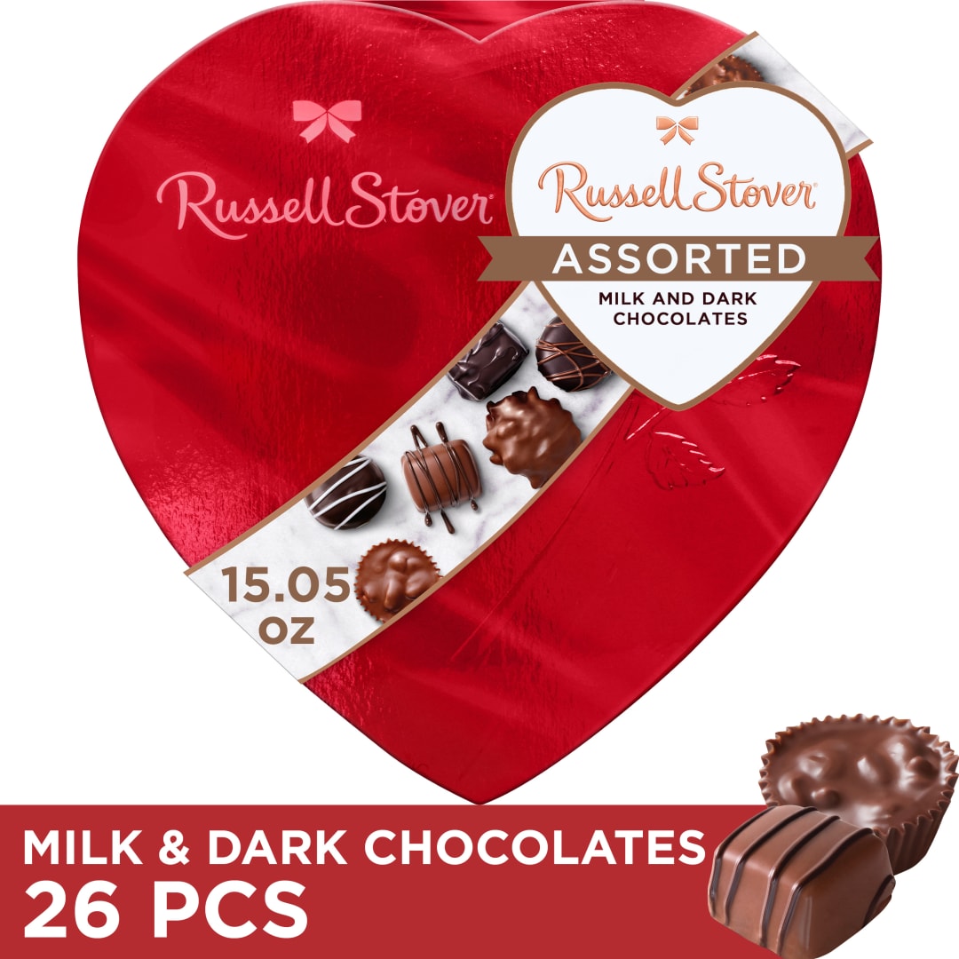 RUSSELL STOVER Valentine's Day Red Foil Heart Assorted Milk & Dark Chocolate Candy Gift Box, 15.05 oz.