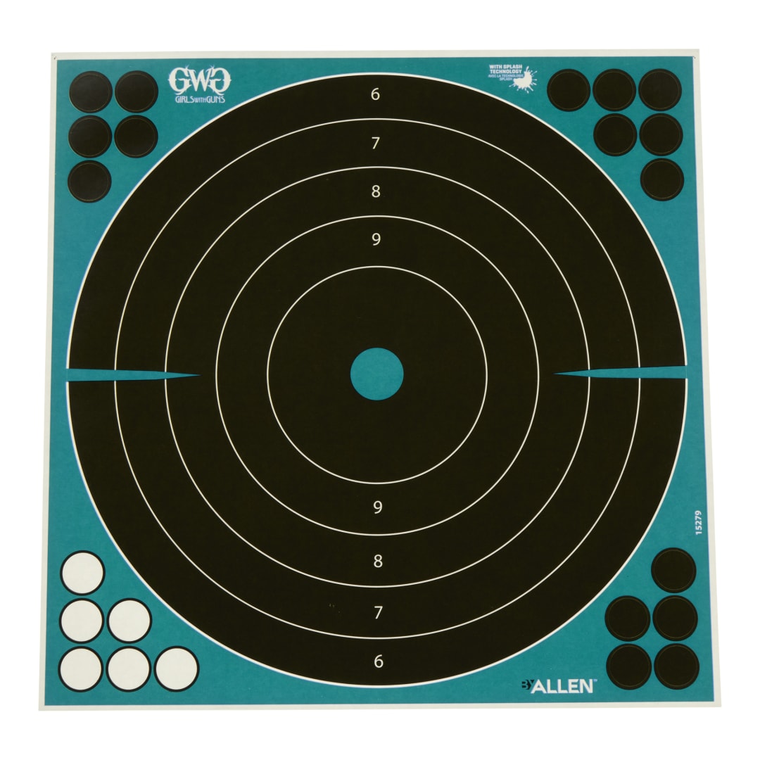 Girls With Guns® Adhesive Splash Reactive Bullseye Paper Shooting Targets, 12" Square, 5-Pack, Black/Teal