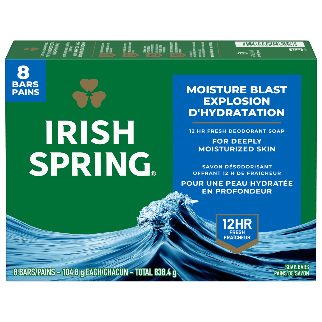 Pain de savon désodorisant Irish Spring Moisture Blast pour homme, Savon désodorisant offrant 12 heures de fraîcheur, Pain de 104,8 g (lot de 8)