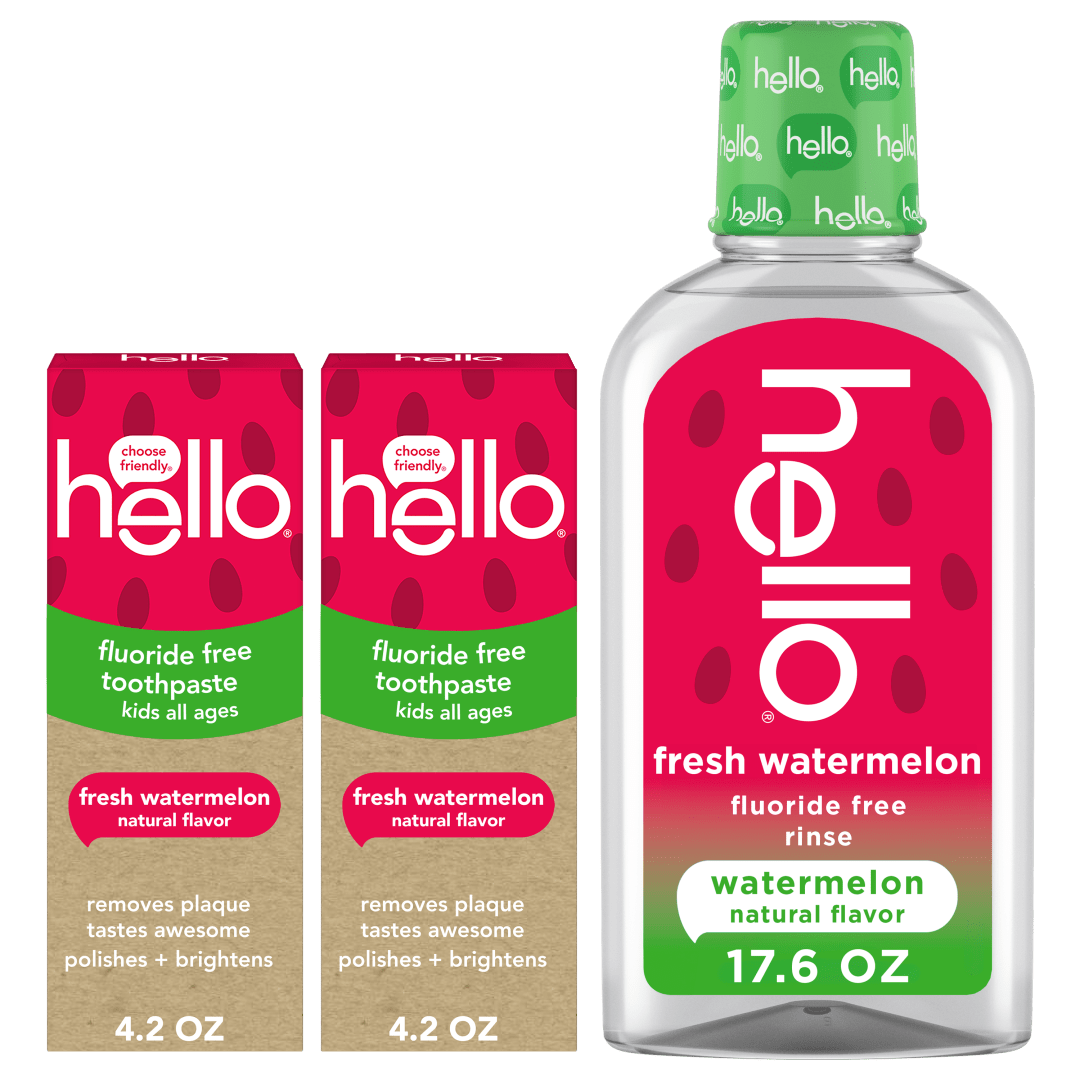 hello Fresh Watermelon Fluoride Free Kids Toothpastes and Fluoride Free Kids Mouthwash Bundle Pack, Freshens Breath and Tastes Awesome, SLS Free Formulas, No Spicy Mint, Natural Watermelon Flavor