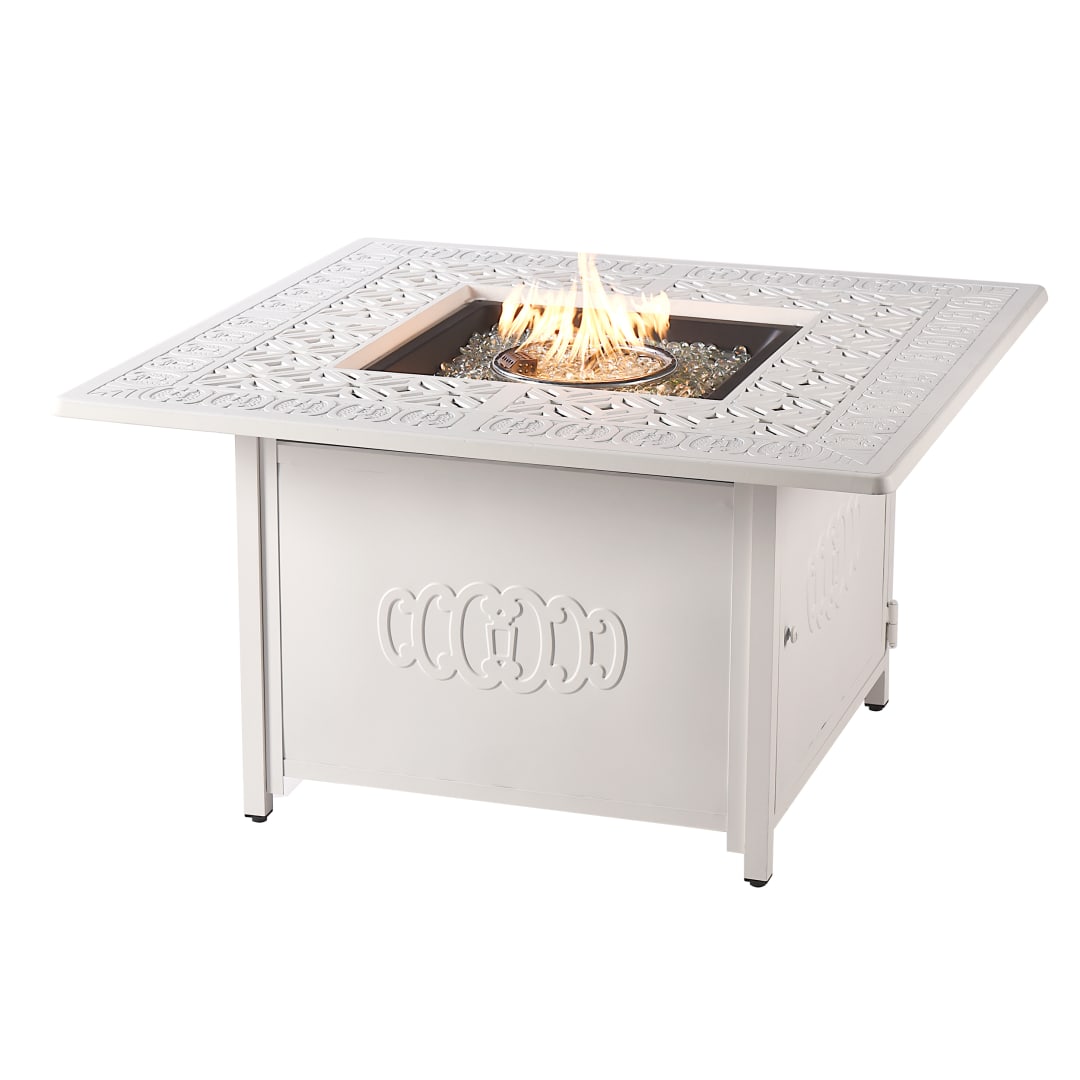 Square 42 in. x 42 in. Aluminum Propane Fire Pit Table with Glass Beads, Two Covers, Lid, 55,000 BTUs in White Finish
