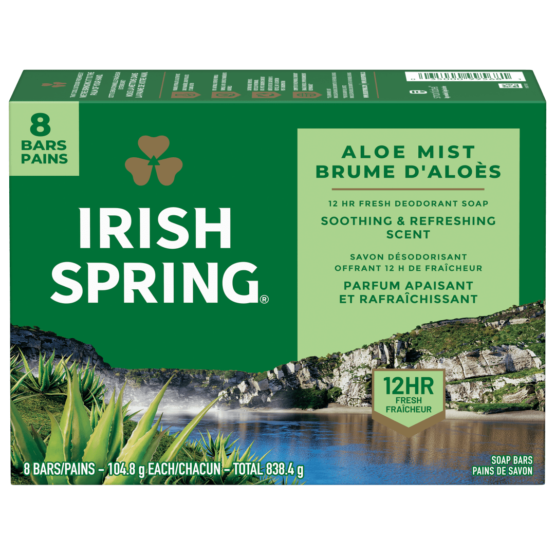 Pain de savon désodorisant Irish Spring Aloe Mist pour homme, Savon désodorisant offrant 12 heures de fraîcheur, Pain de 104,8 g (lot de 8)