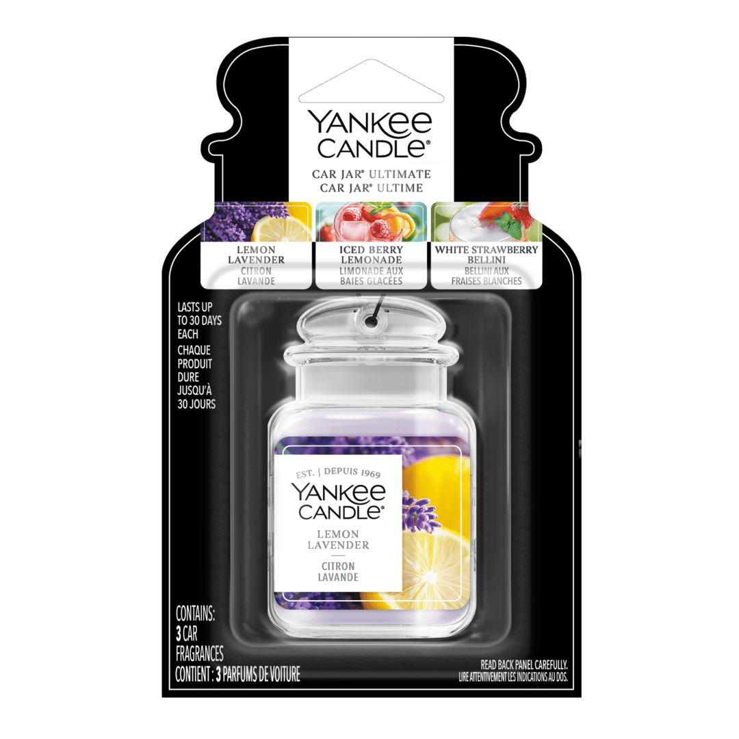 Désodorisant de voiture Yankee Candle Car Jar Ultimate, emballage assorti, 3 parfums (Citron lavande, Limonade glacée aux fruits rouges, Bellini à la fraise)