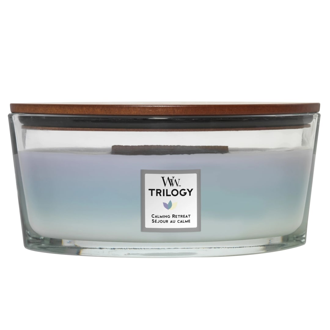 WoodWick Trilogy vela perfumada en forma de elipse con llama Hearthwick | Retiro de paz