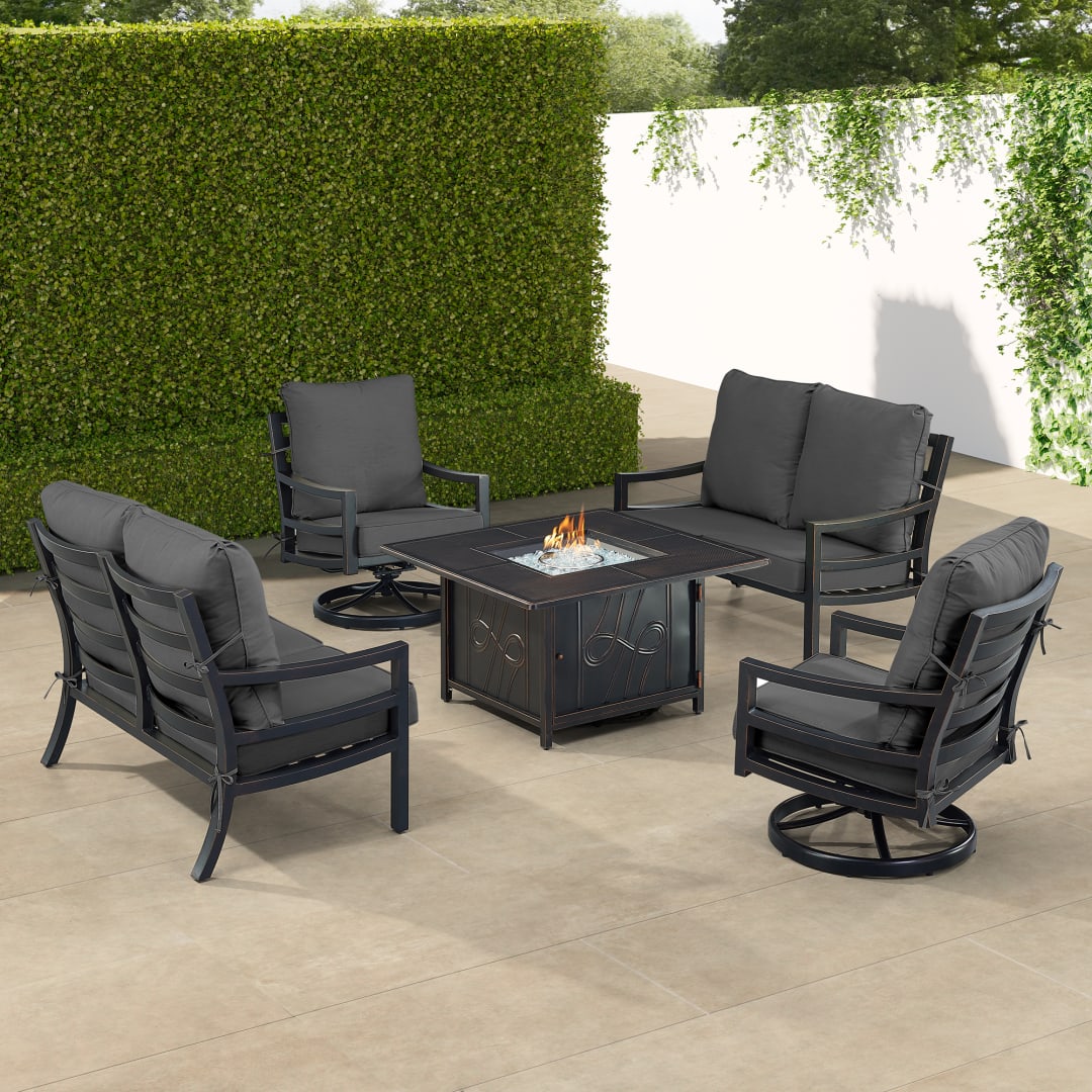 Black Aluminum Patio Fire Table Set with Two Deep Seating Loveseat with Cushions and Two Club Chairs