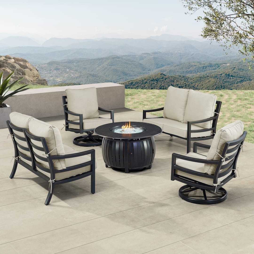 Black Aluminum Patio Fire Table Set with Two Deep Seating Loveseat with Cushions and Two Club Chairs