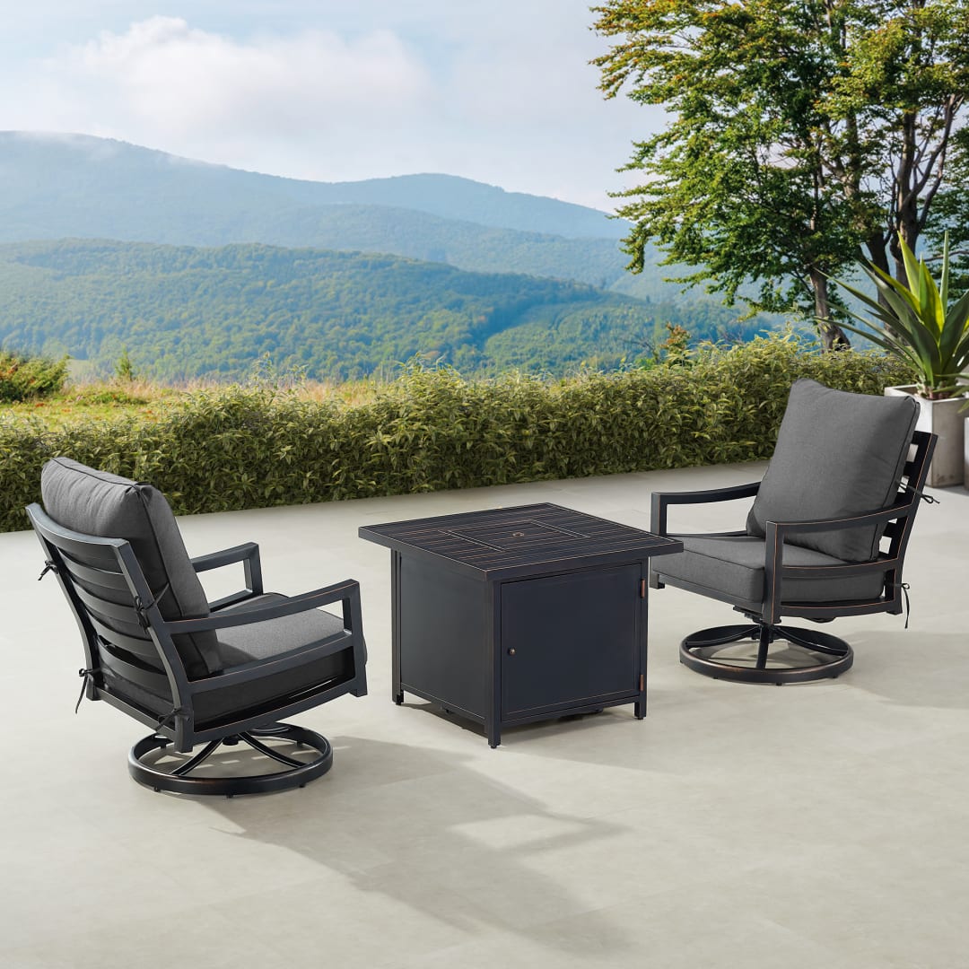 Black Aluminum Patio Fire Table Bistro Set with Two Club Chairs