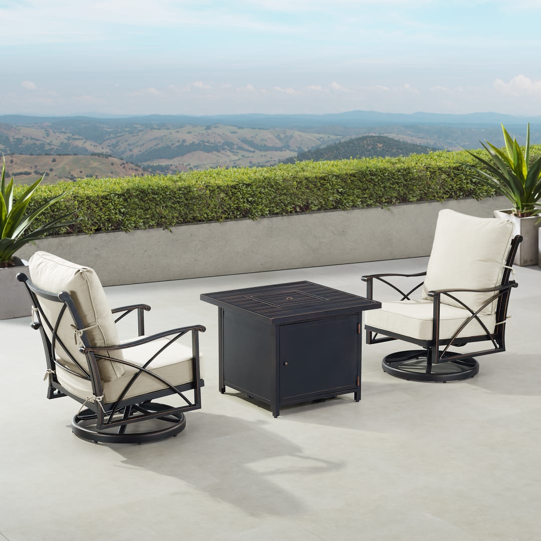 Black Aluminum Patio Fire Table Bistro Set with Two Club Chairs