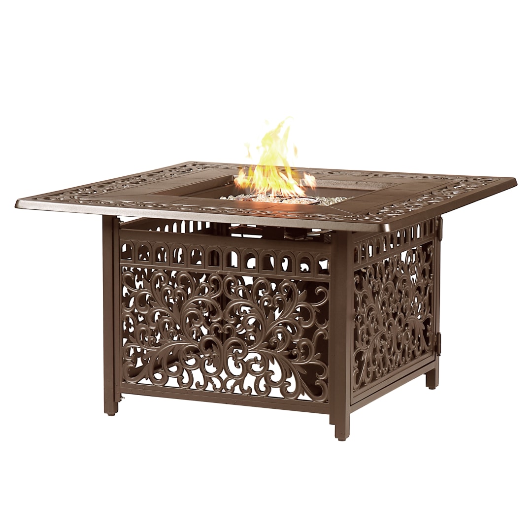 Square 42 in. x 42 in. Aluminum Propane Fire Pit Table with Glass Beads, Two Covers, Lid, 55,000 BTUs in Brown Finish