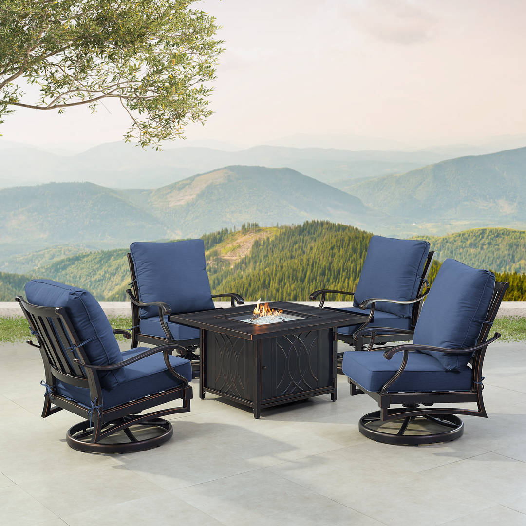 Black Aluminum Patio Fire Table Set with Four Club Chairs