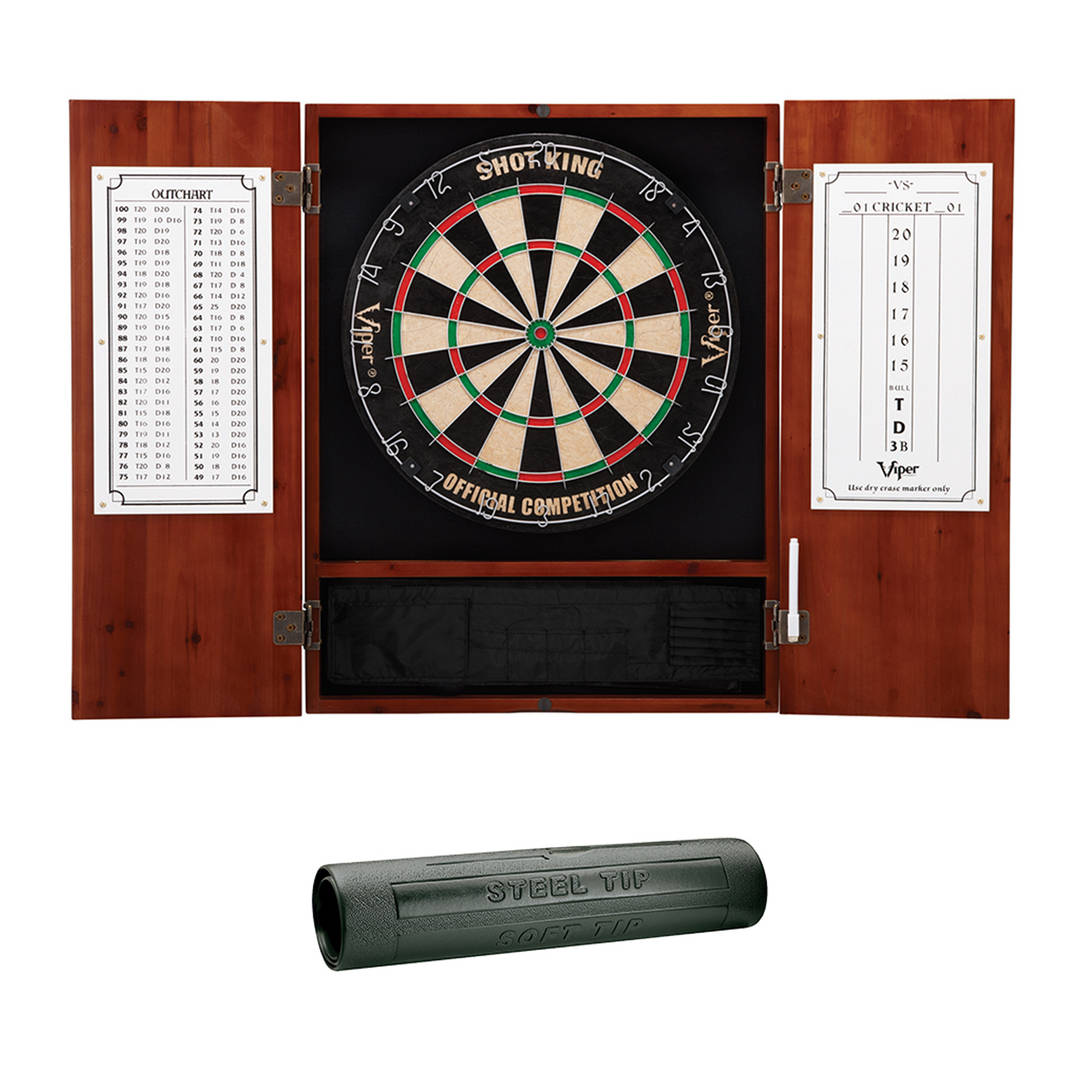 Viper Metropolitan Cinnamon Steel Tip Dartboard Cabinet, Viper Shot King Bristle Dartboard, and Viper Vinyl Dart Mat