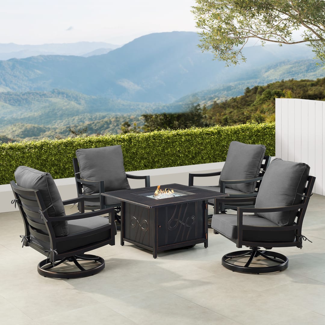 Black Aluminum Patio Fire Table Set with Four Club Chairs
