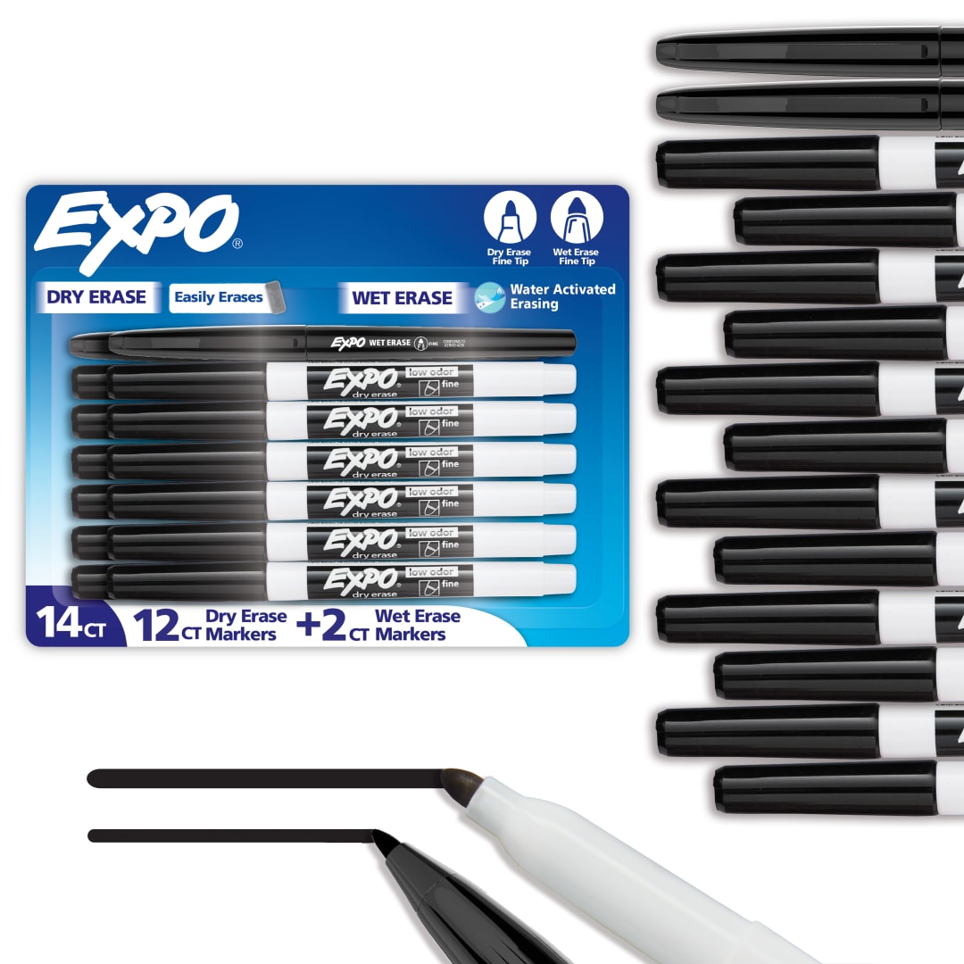 EXPO Dry Erase Markers, Black, Fine Tip, 12 Count + 2 Wet Erase Markers Bonus Pack