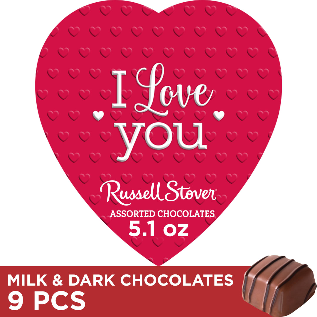 RUSSELL STOVER Valentine's Day "I Love You" Heart Assorted Milk & Dark Chocolate Candy Gift Box, 5.1 oz. (≈ 9 pieces)