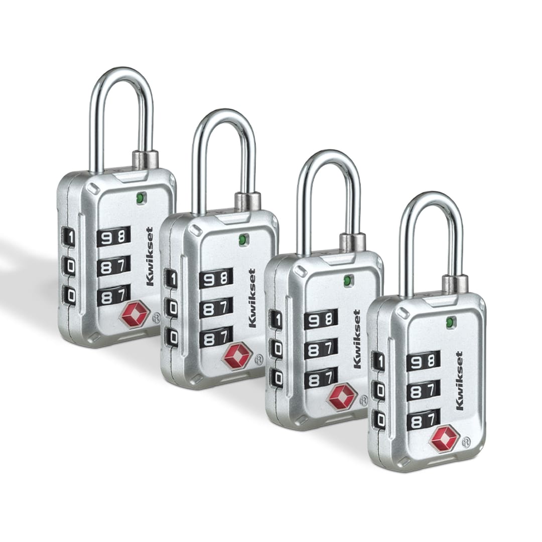 Kwikset TSA Approved Combination Luggage Lock, 3-Digit, 1-3/16 in Body, 4 Pack, Silver