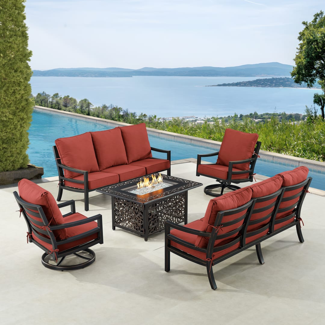 Black Aluminum Patio Fire Table Set with Two Deep Seating Sofa with Cushions and Two Club Chairs