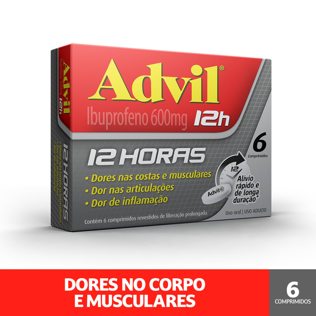 Advil 12h Analgésico com Ibuprofeno 600mg Alívio da Dor Muscular 6 Comprimidos