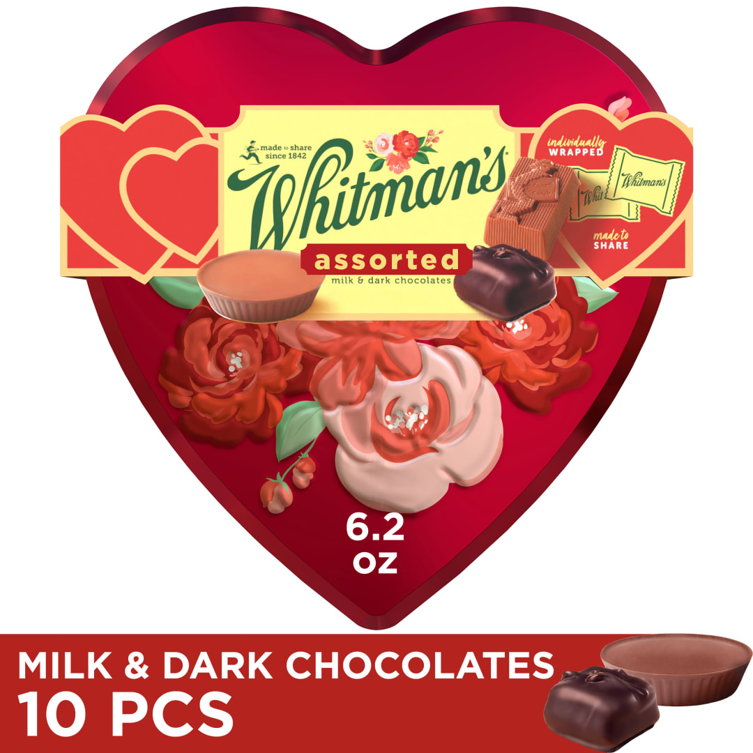 WHITMAN'S Valentine's Day Floral Heart Assorted Milk & Dark Chocolate Candy Gift Tin, 6.2 oz.