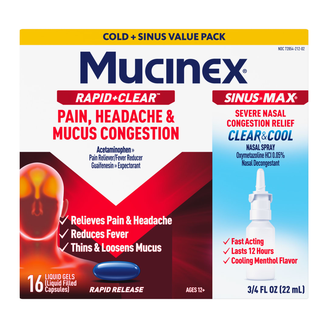 MUCINEX® Rapid Clear® Day Liquid Gel 16 ct. + Clear & Cool Nasal Spray .75 oz. Combo 12/1 ct.
