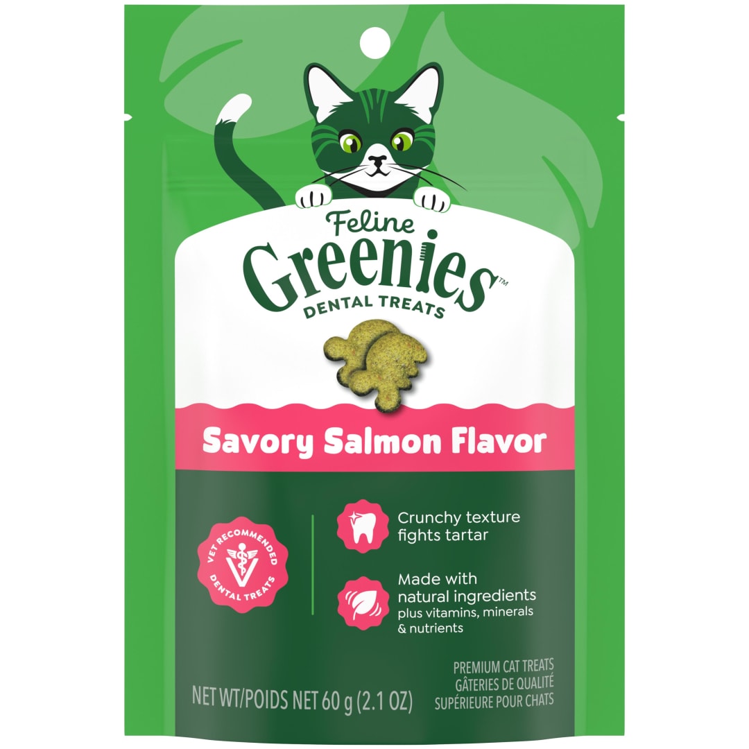 FELINE GREENIES Adult Natural Dental Care Cat Treats, Savory Salmon Flavor, 2.1 oz. Pouch