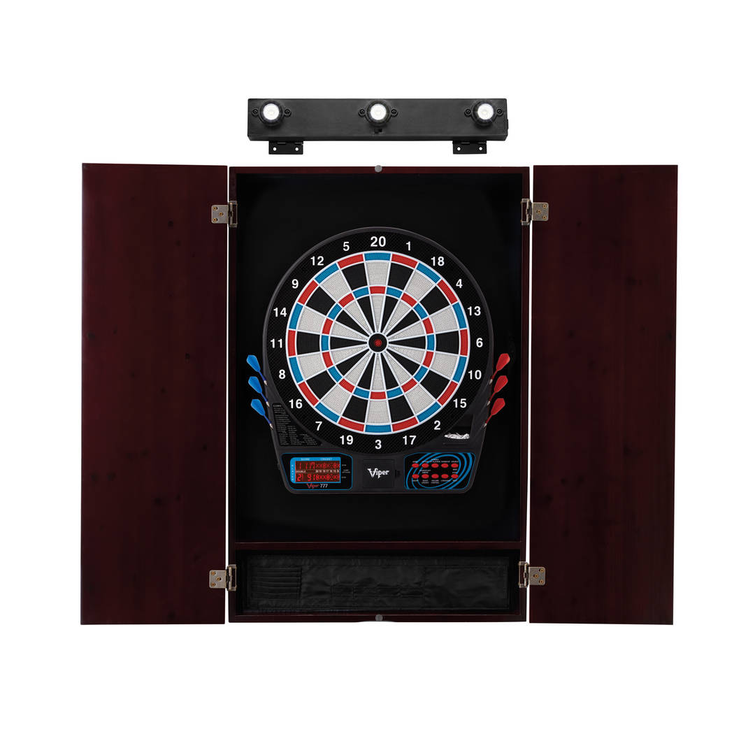 Viper 777 Electronic Dartboard, Metropolitan Mahogany Cabinet & Shadow Buster Dartboard Lights