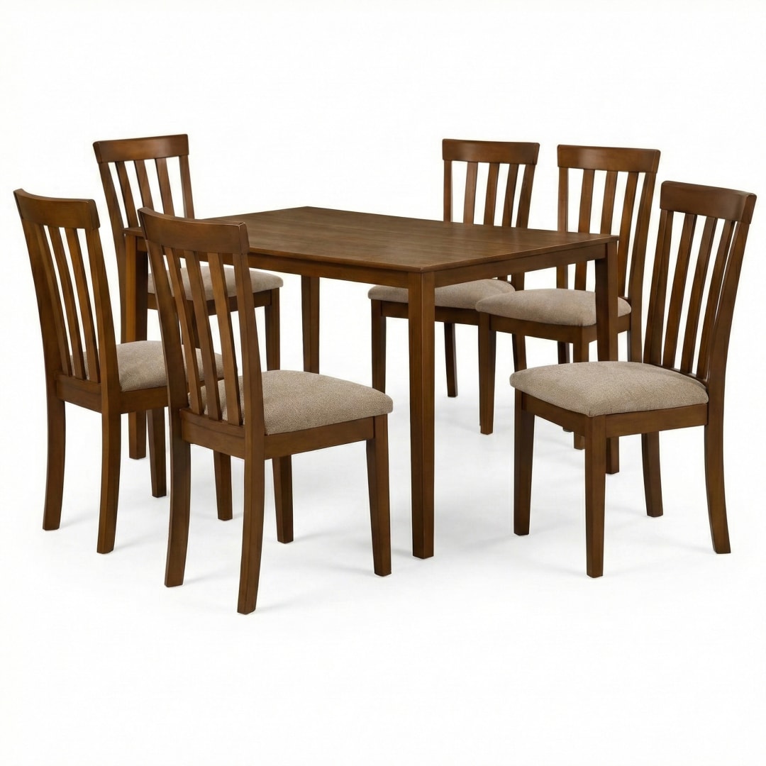 Traditional 7-Piece 59 Inch Rectangular Dining Set, Dirty Oak Finish with Dark Beige Polyester Upholstered Chairs, Solid Rubberwood