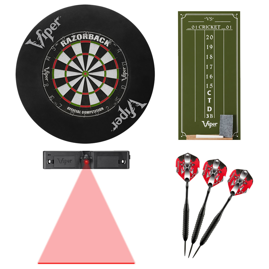 Viper Razorback Sisal/Bristle Dartboard with 22 Gram Steel Tip Darts, Throw Line Light, Round Wall Defender & Small Chalk Scoreboard