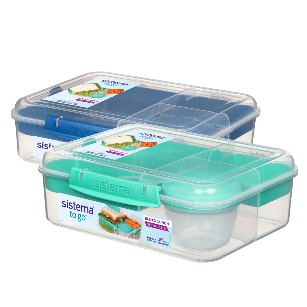 Sistema TO GO Bento Box Cubes, 1.65 L, School Lunch Boxes With Compartments & Snack Pots, BPA-Free, 2 Count, Minty Teal & Ocean Blue