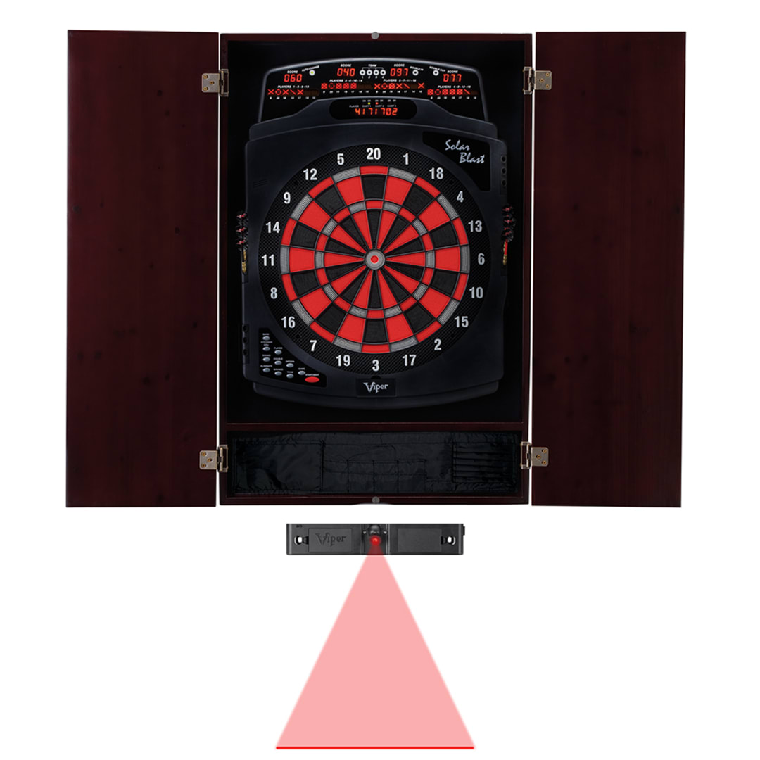 Viper Metropolitan Mahogany Soft Tip Dartboard Cabinet, Viper Solar Blast Electronic Dartboard, and Throw Line Light