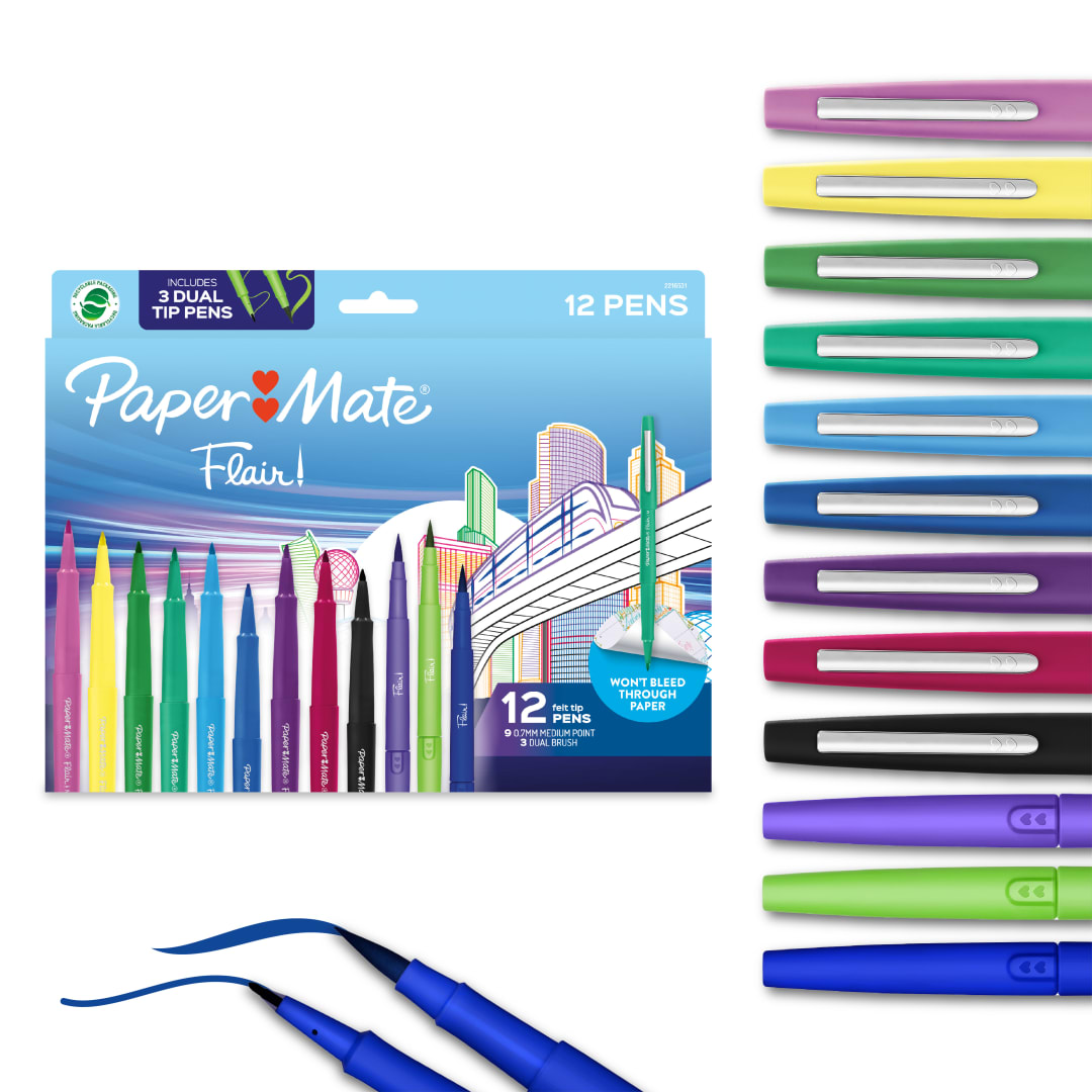 Paper Mate Flair Felt Tip Pens Variety Pack, Features Medium Point and DUAL Brush Pens, Assorted, 12 Count
