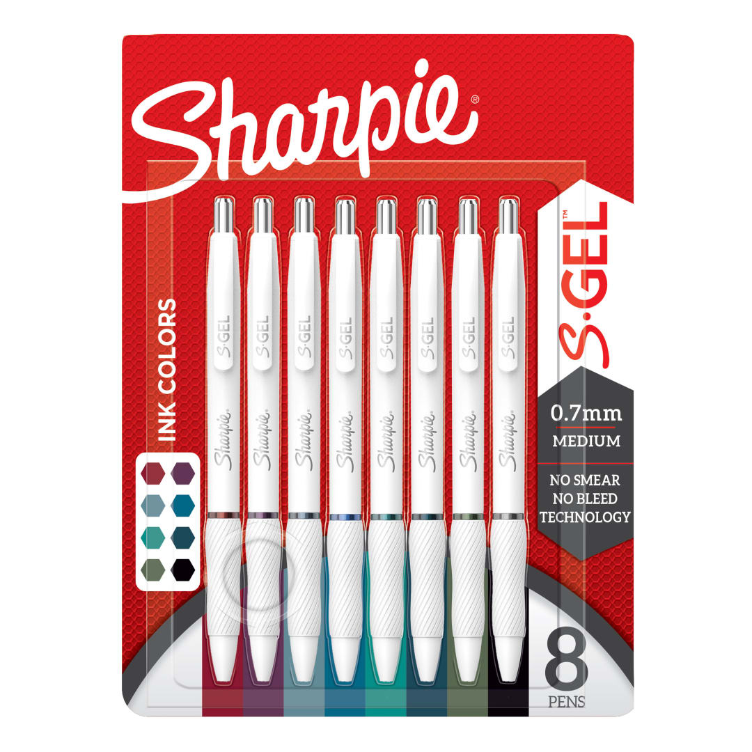 Sharpie® S-Gel Pens, Fashion Barrel Gel Pens, Pearl White Body, Medium (0.7mm) Point, Bold Ink Colors, 8 Count