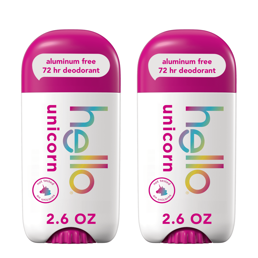 hello Unicorn Aluminum Free Deodorant for Women and Men, 72-Hour Deodorant, Only 9 Ingredients, Baking Soda Free, Enriched with Shea Butter, Vegan, 2.6 oz Stick Deodorant (2 Pack)