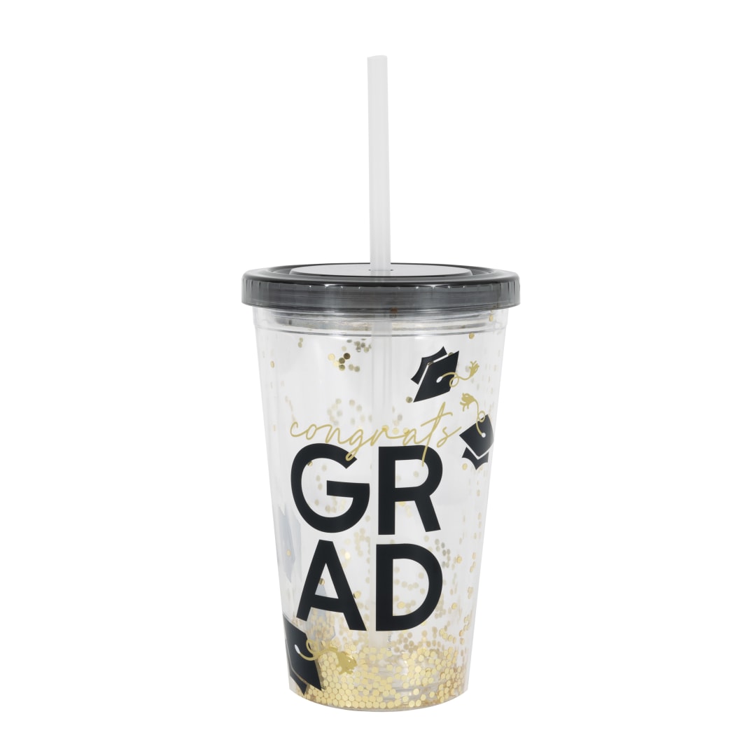 Party Grad "Congrats Grad" Gold Foil Confetti Double-Wall Plastic Tumbler with Lid &amp; Straw