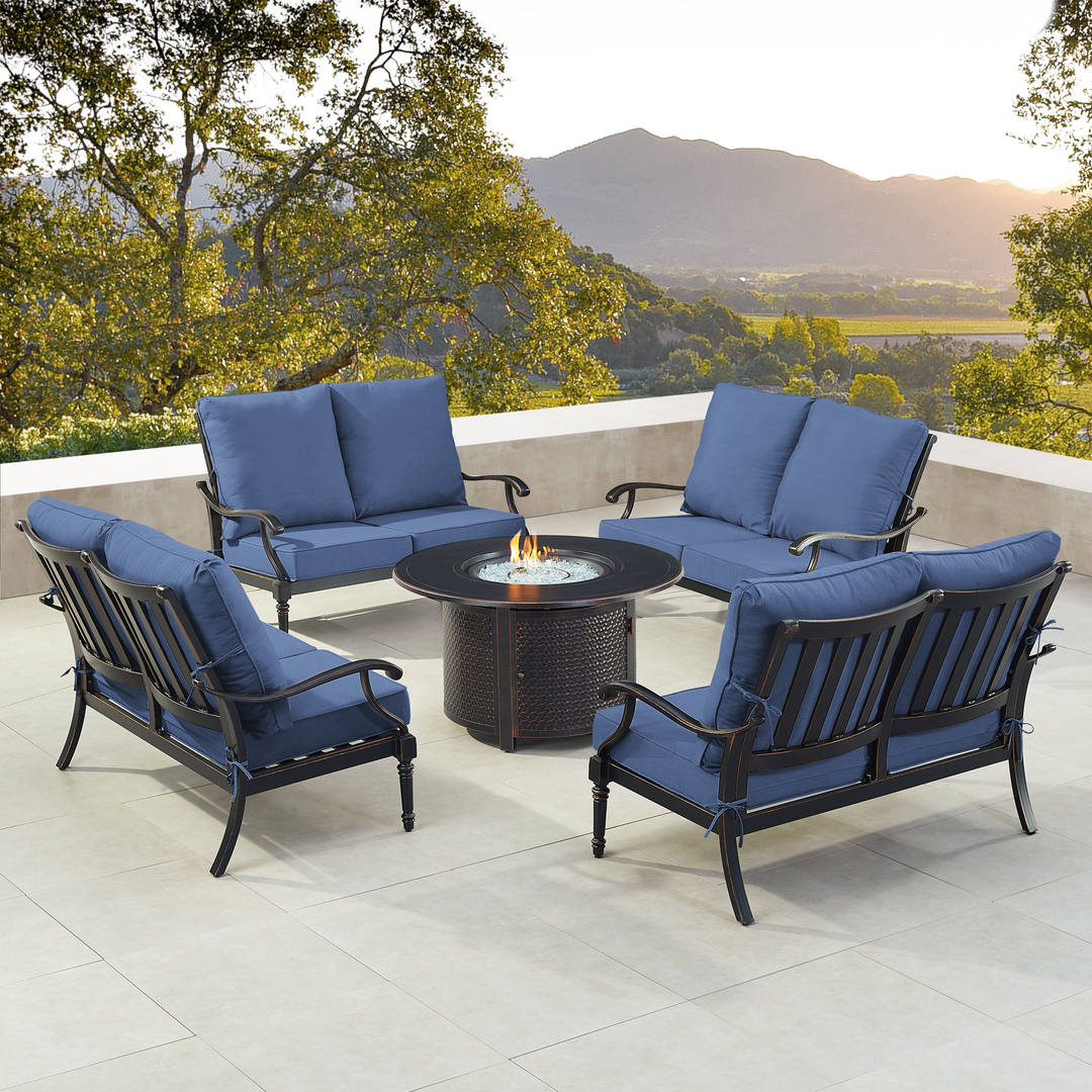 Black Aluminum Patio Fire Table Set with Four Deep Seating Loveseat with Cushions