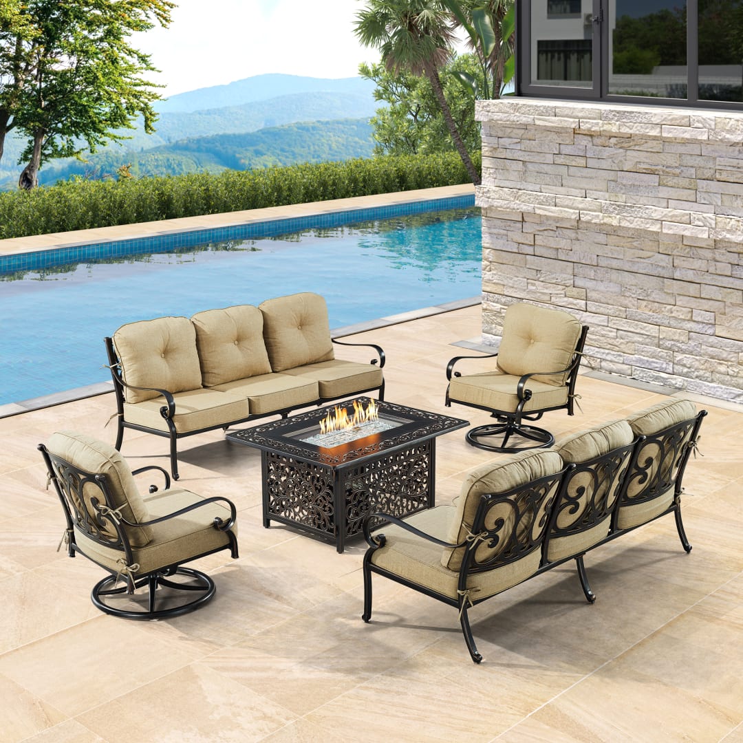 Black Aluminum Patio Fire Table Set with Two Deep Seating Sofa with Cushions and Two Club Chairs