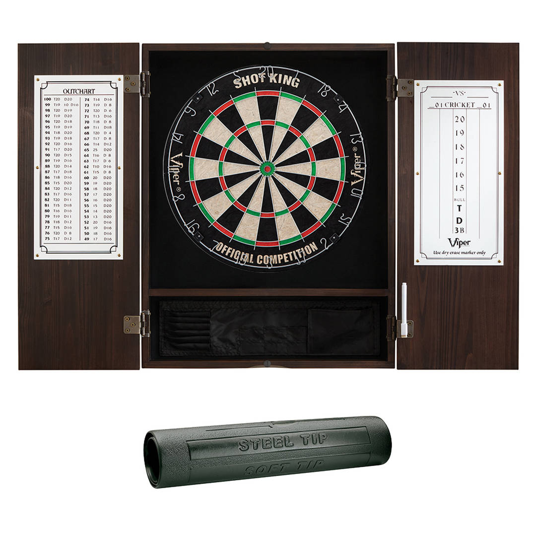 Viper Espresso Metropolitan Steel Tip Cabinet, Viper Shot King Bristle Dartboard, and Viper Vinyl Dart Mat