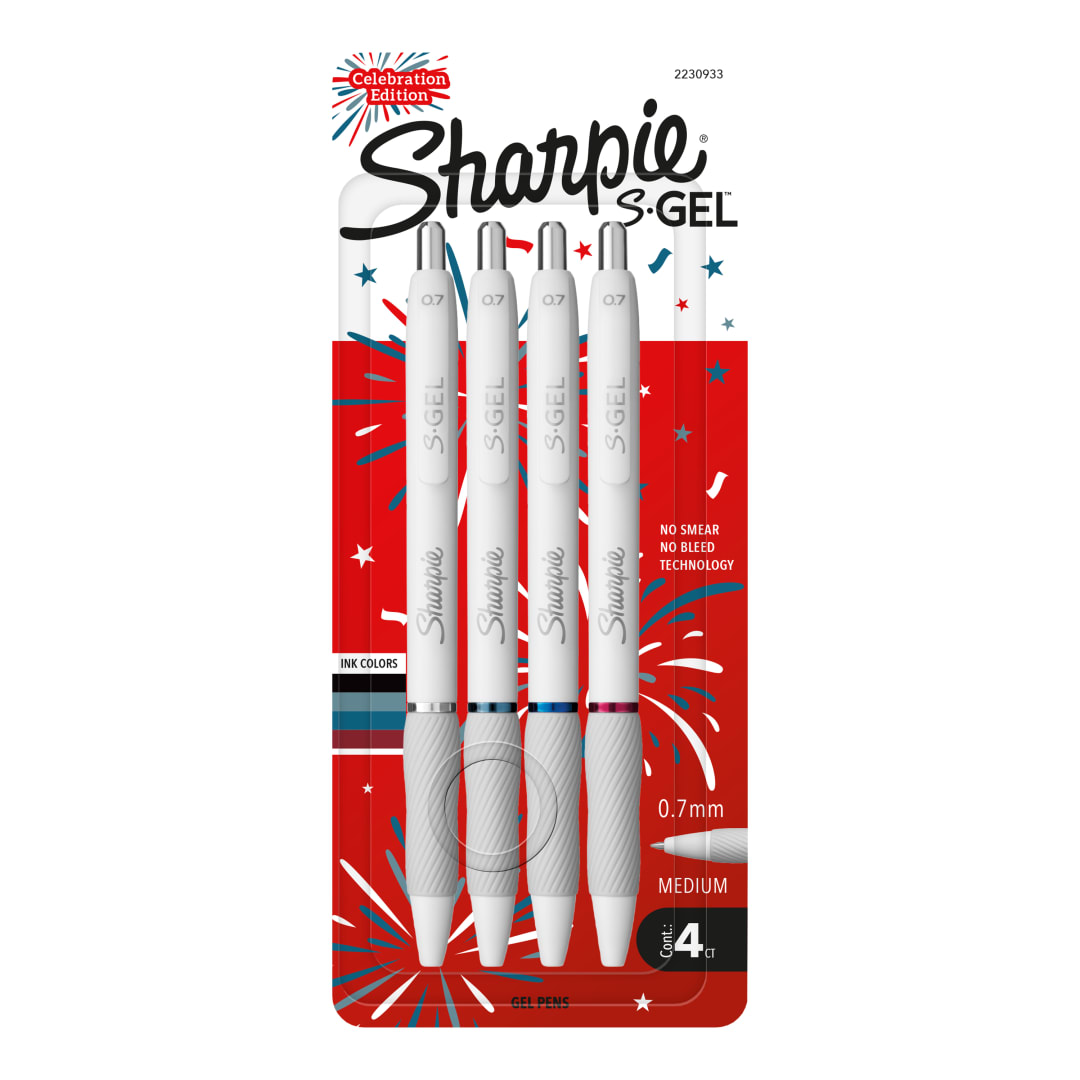 Sharpie® S-Gel Pens, Fashion Barrel Gel Pens, Pearl White Body, Medium (0.7mm) Point, 4 Count USA 250th Anniversary Edition