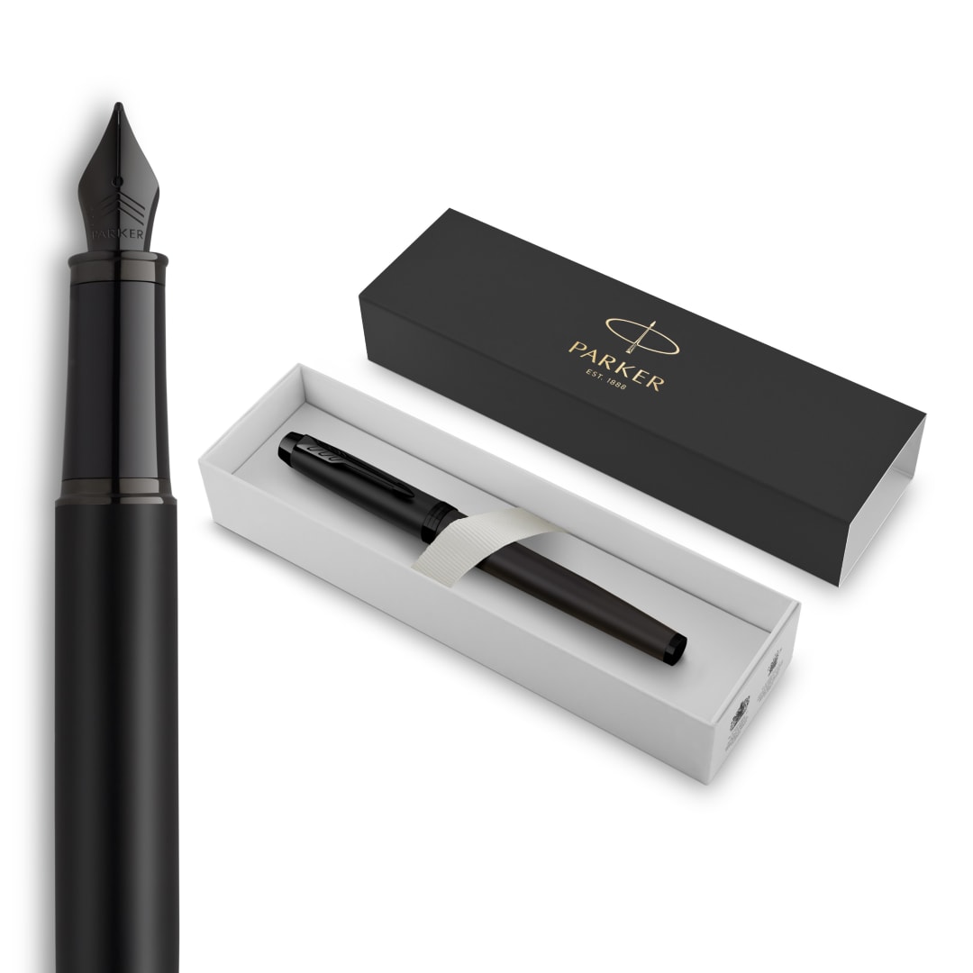 Parker Im Pluma Estilográfica, Negro Mate Con Adornos Negros, Punta Fina Con Recambio De Tinta Azul, Estuche De Regalo
