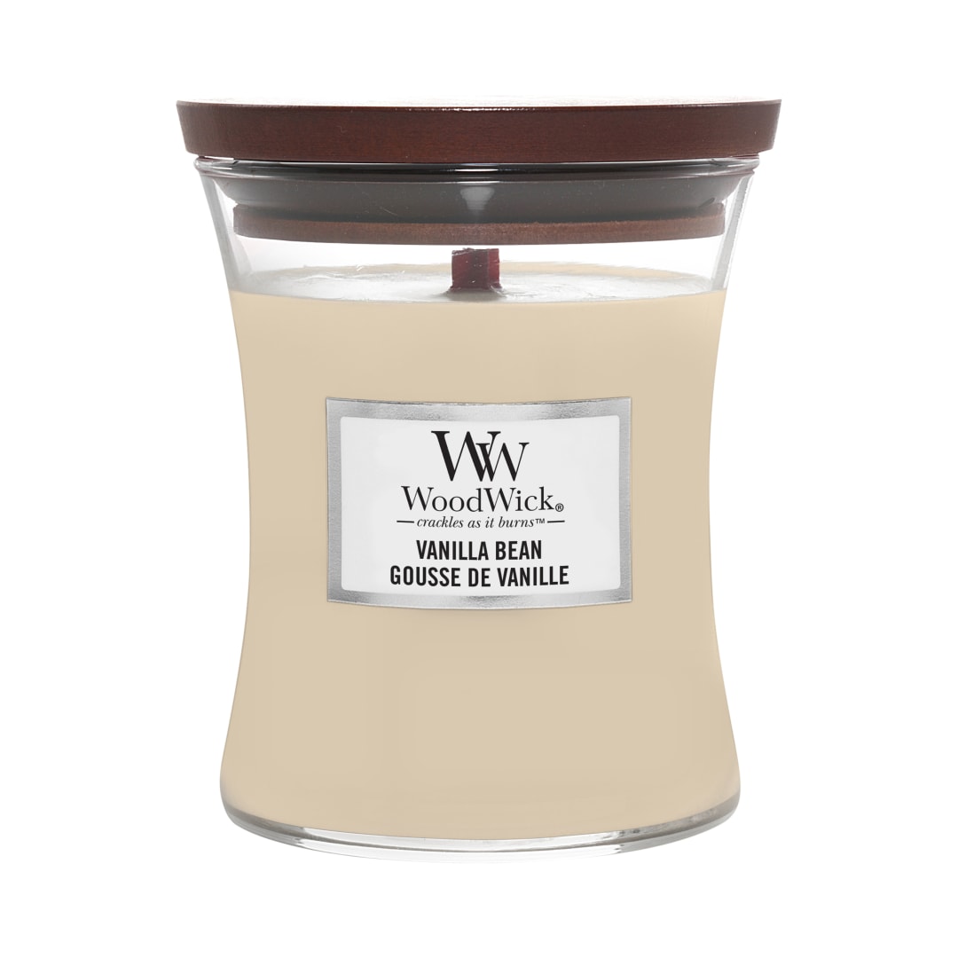 WoodWick Vela perfumada hourglass mediana | Vainilla | con mecha crepitante | Tiempo de combustión: hasta 60 horas | Regalos para mujeres