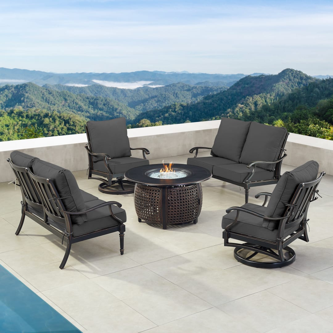 Black Aluminum Patio Fire Table Set with Two Deep Seating Loveseat with Cushions and Two Club Chairs