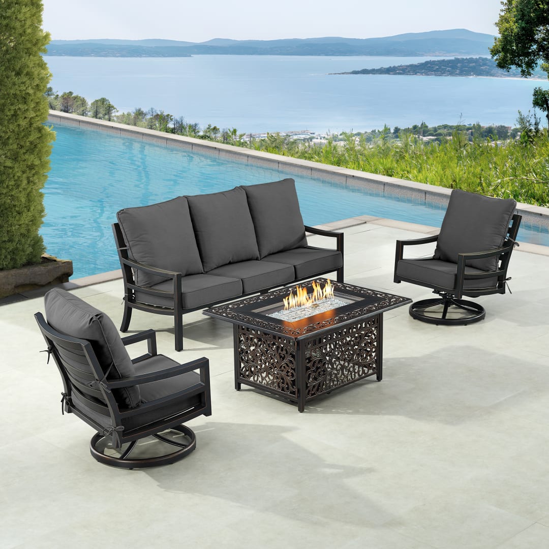 Black Aluminum Patio Fire Table Set with Deep Seating Sofa with Cushion and Two Club Chairs