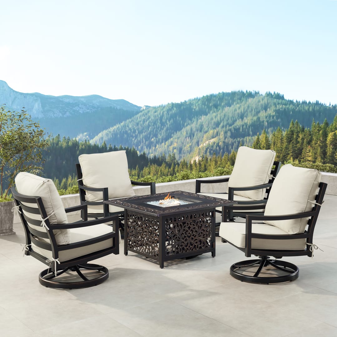 Black Aluminum Patio Fire Table Set with Four Club Chairs
