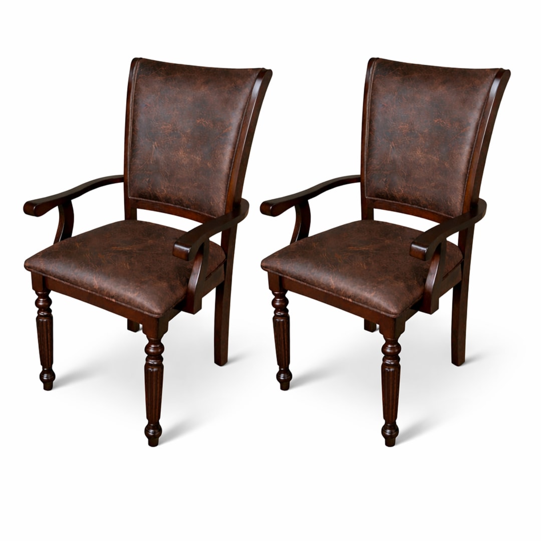 Traditional Dining Arm Chairs, Set of 2, Expresso Finish with Dark Brown PU Leather Upholstered Seats Solid Rubberwood