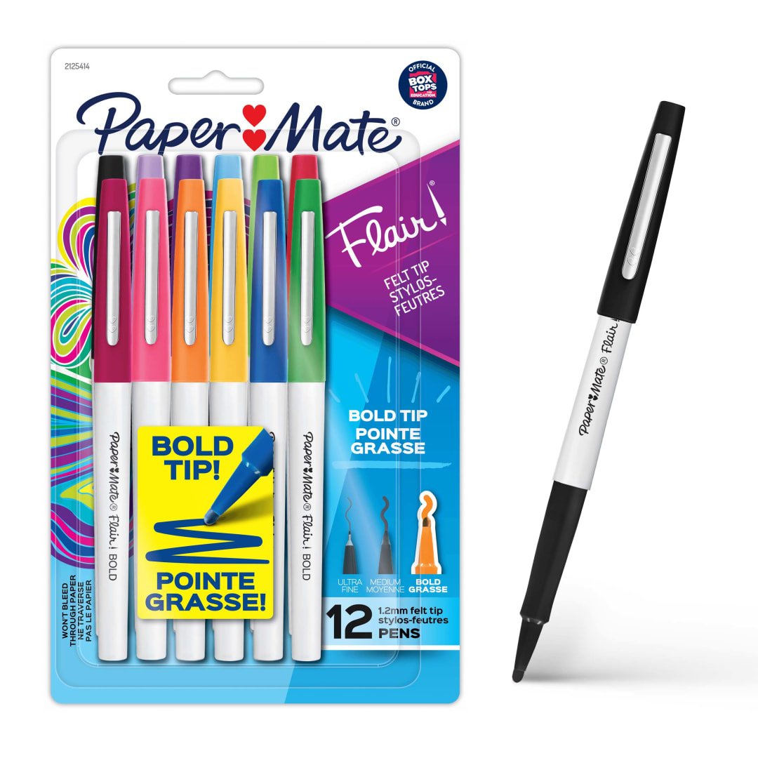 Paper Mate Flair Bold Plumgrafo, Punta Gruesa (1.2 mm), Colores Surtidos, Paquete de 12 Piezas