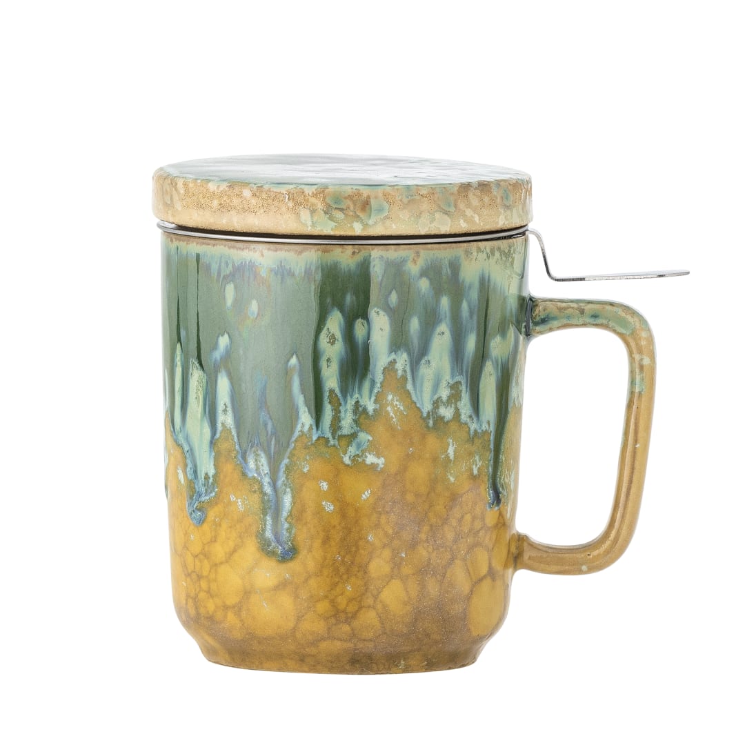 82061984 - Yuma Mug w/Lid and Strainer, Multi, Stoneware STOCK: 300