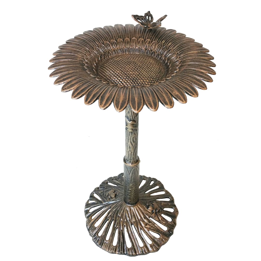 Round Cast Aluminum Metal 32-in Bronze Bird Bath with Butterflies and a Sunflower