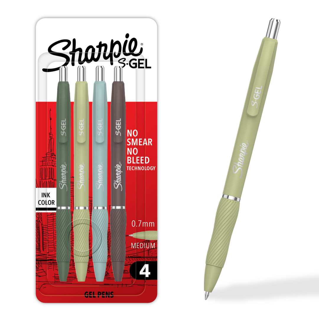 Sharpie S-Gel, Gel Pens, Medium Point (0.7mm), Assorted Fashion Barrels, Black Ink, 4 Count