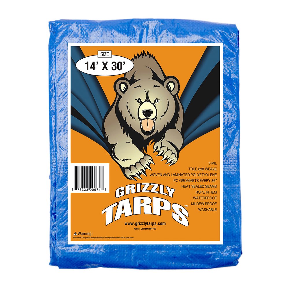 B-Air Grizzly Tarp, 8 x 8 Weave, Multi Purpose Waterproof Tarp, 14X30, Blue, Pack of 5