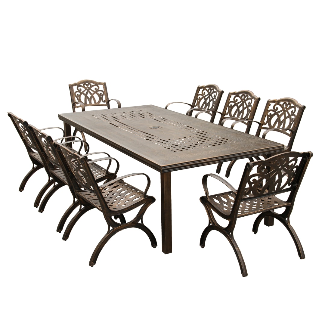 Modern Outdoor Mesh Lattice Aluminum 95-in Bronze Large Rectangular Patio Dining Set with Eight Arm Chairs