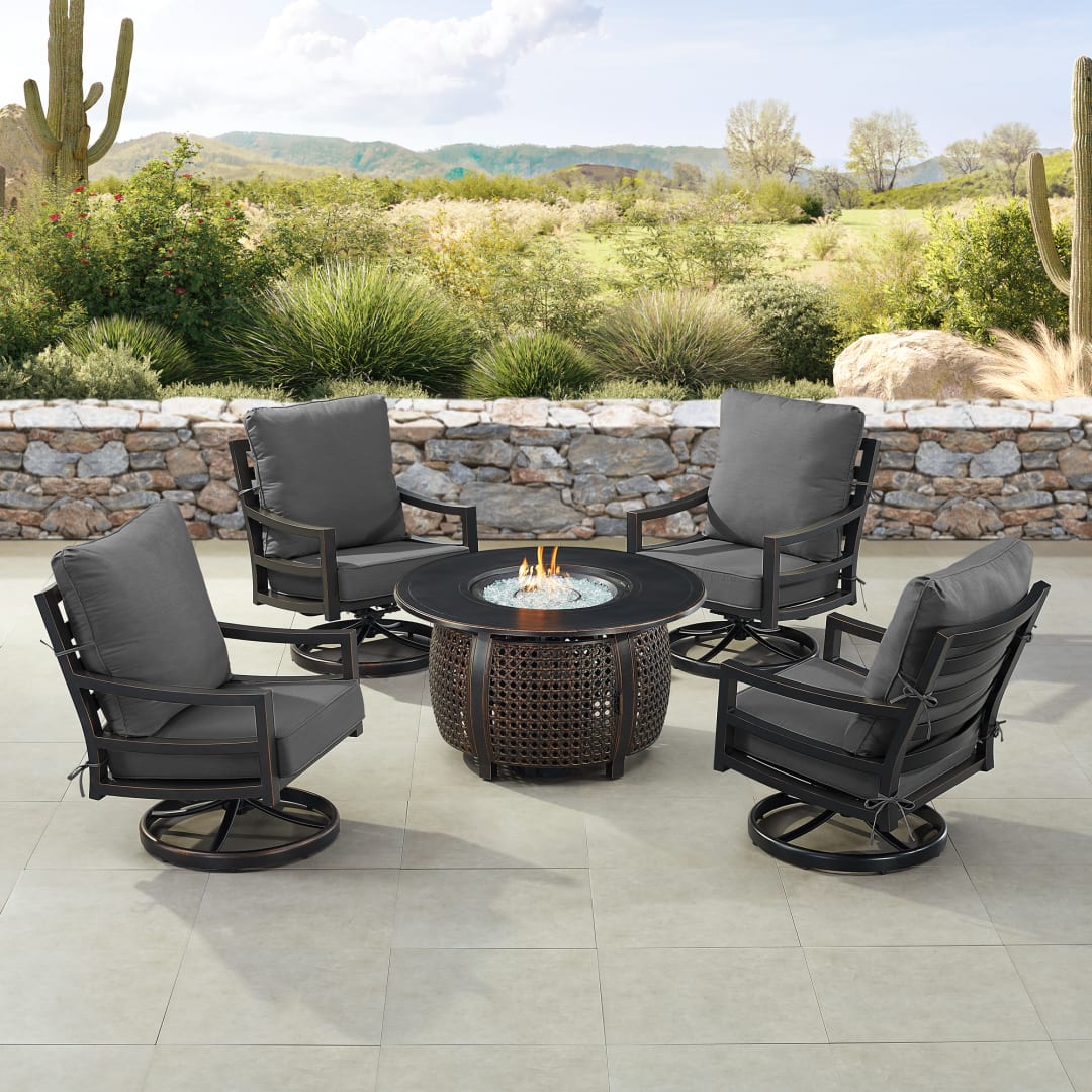 Black Aluminum Patio Fire Table Set with Four Club Chairs